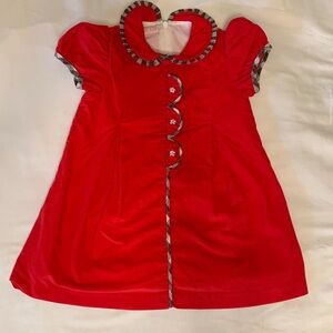 3T 100% Cotton Cherry Red Pleated Embroidered Collar Dress with Plaid Trim